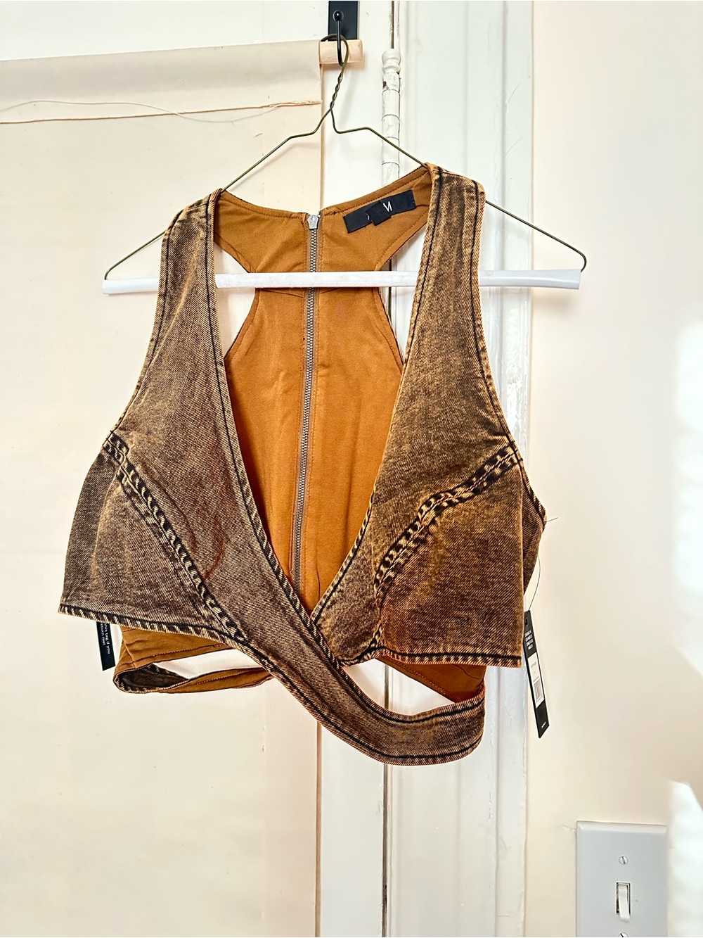 Open-Front Denim Crop Top in Distressed Brown